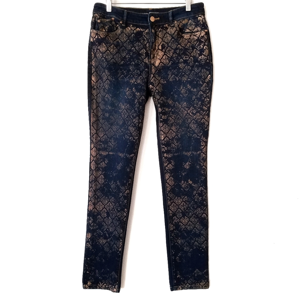 Chicos the Platinum Jegging High Rise Skinny Jeans Dark Wash Copper Gold Print